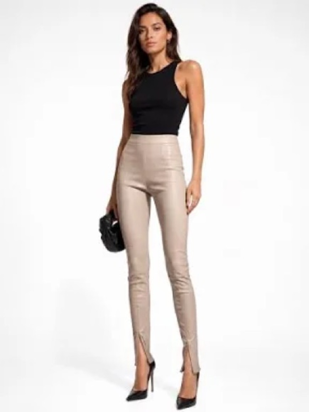 JASON WU Faux Leather Beige High-Waist Skinny Pants Front Slits M Sexy Date Work